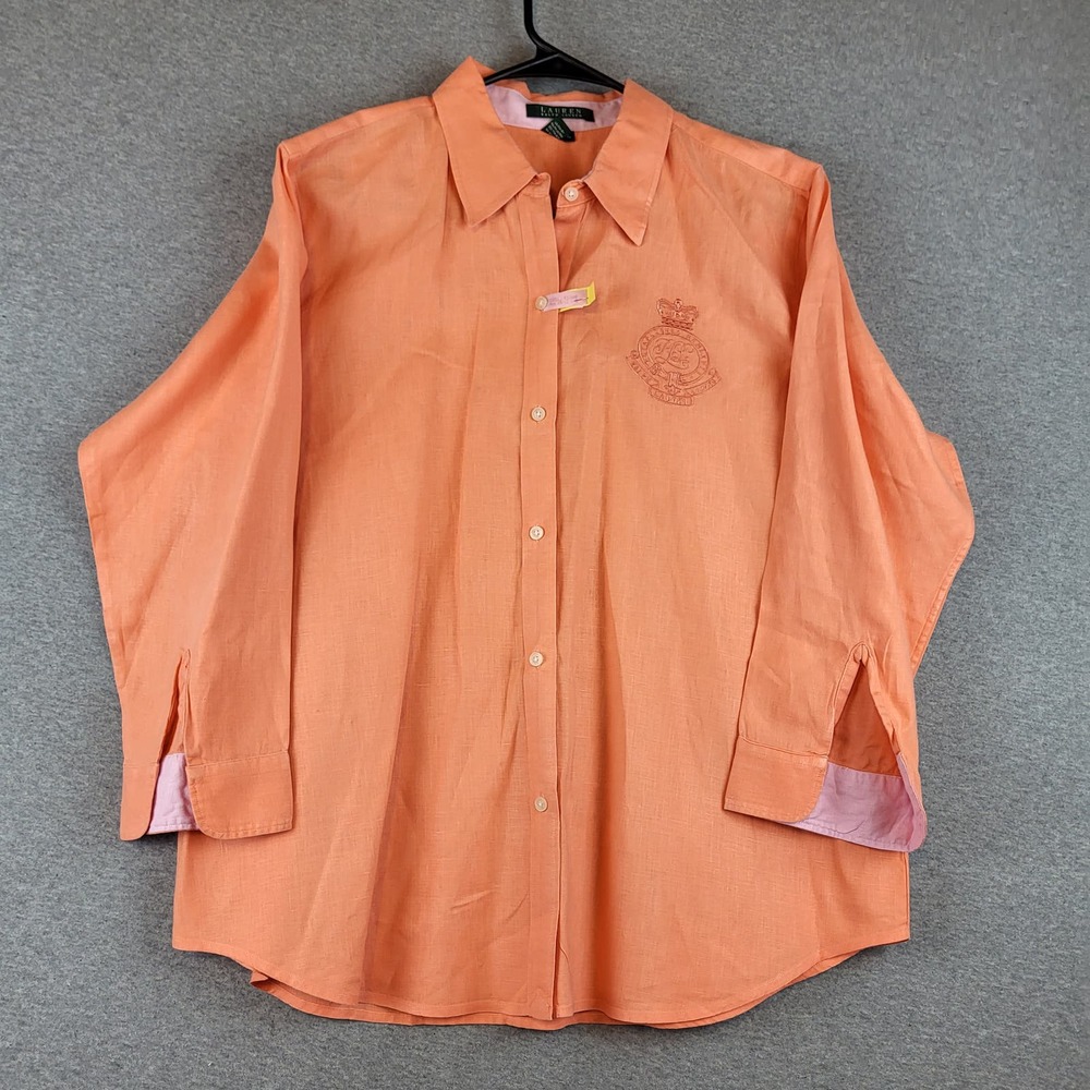 Ralph Lauren 3/4 Sleeve Shirt Womens XL Orange Linen Button Up Embroidered Logo